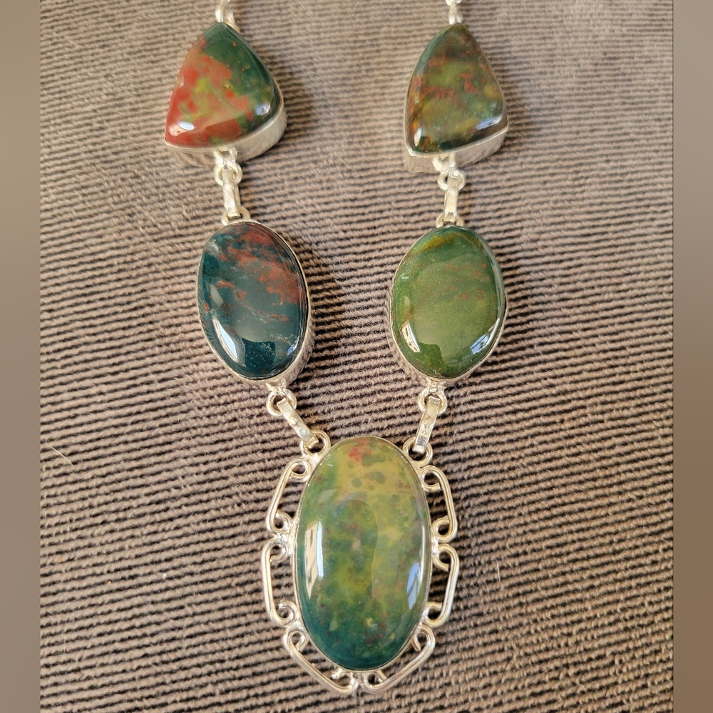 Elegant Multi-Stone Ocean Jasper Necklace In 925 Silver Links Green Brown